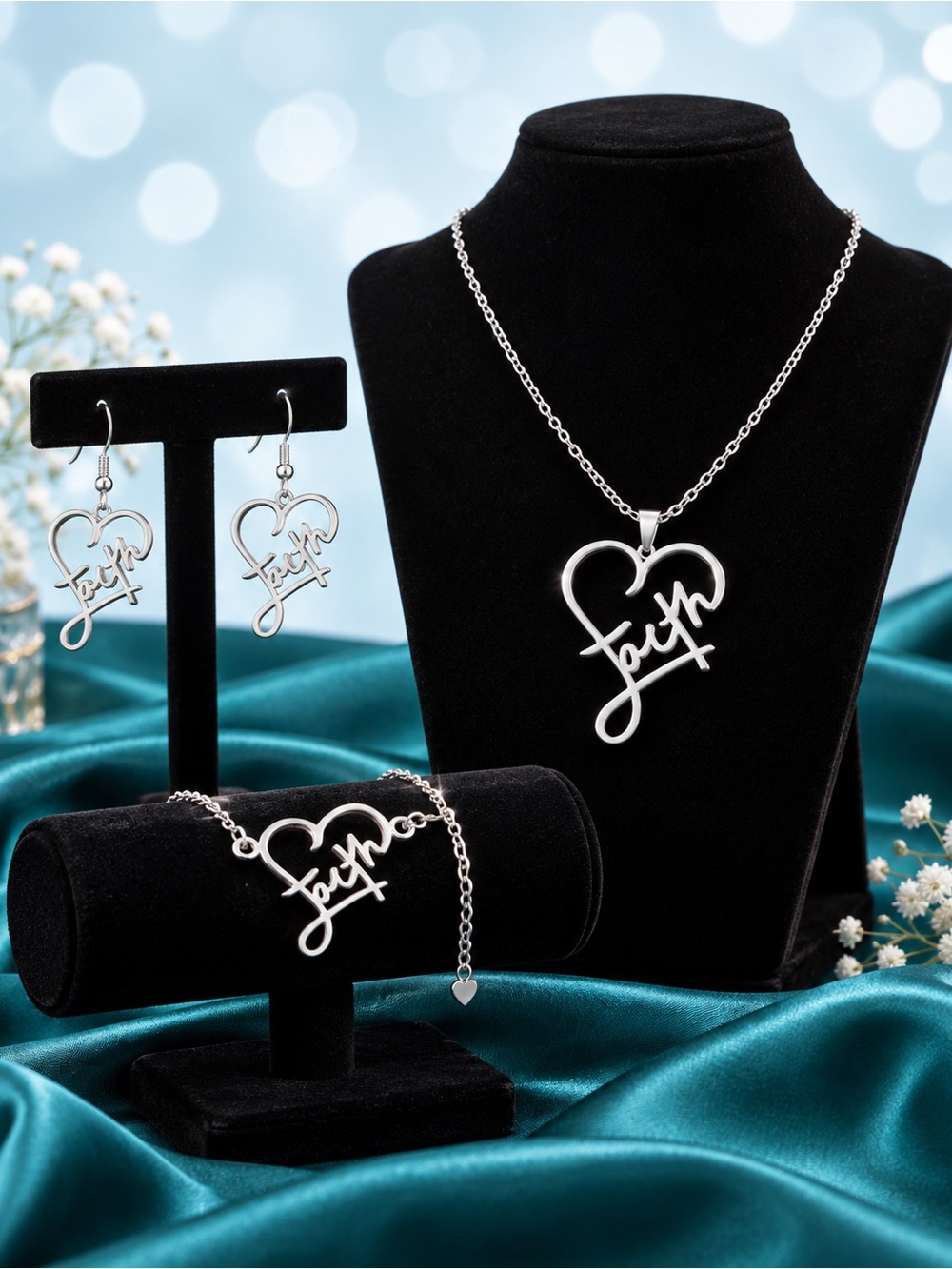 Stainless steel waterproof Silver Script Heart Necklace & Earring Set - Silver